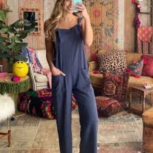 Natural Life Navy Linen Blend Jumpsuit Raw Hem Adjustable Straps - XL